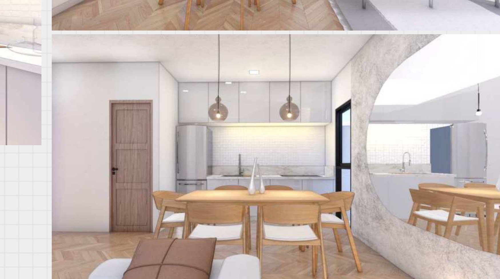 Arched concrete opening framing the dining table