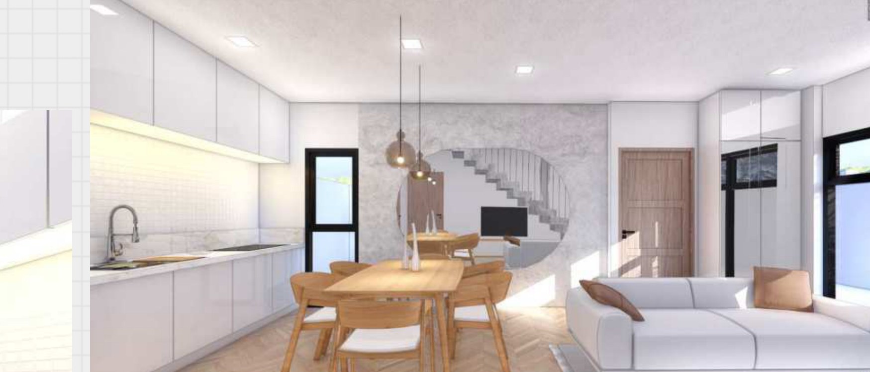 White kitchen looking through to the dining table and living room