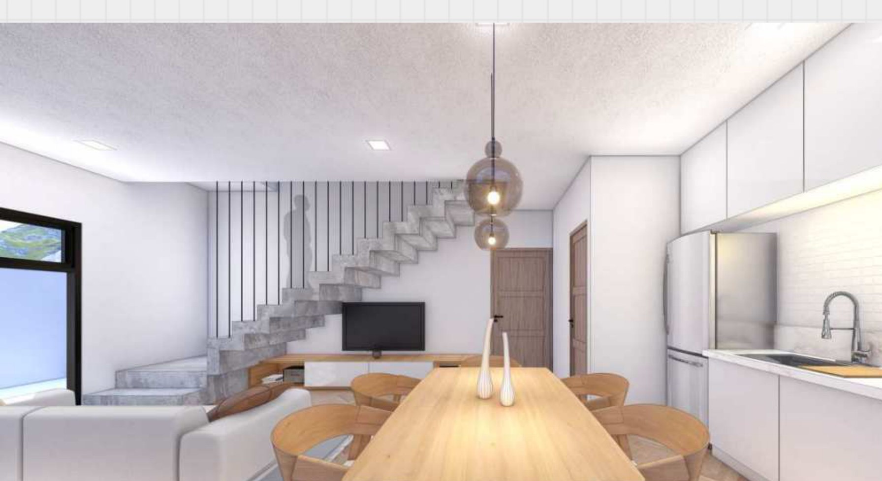Open kitchenette, dining, and living hall with a concrete stair
