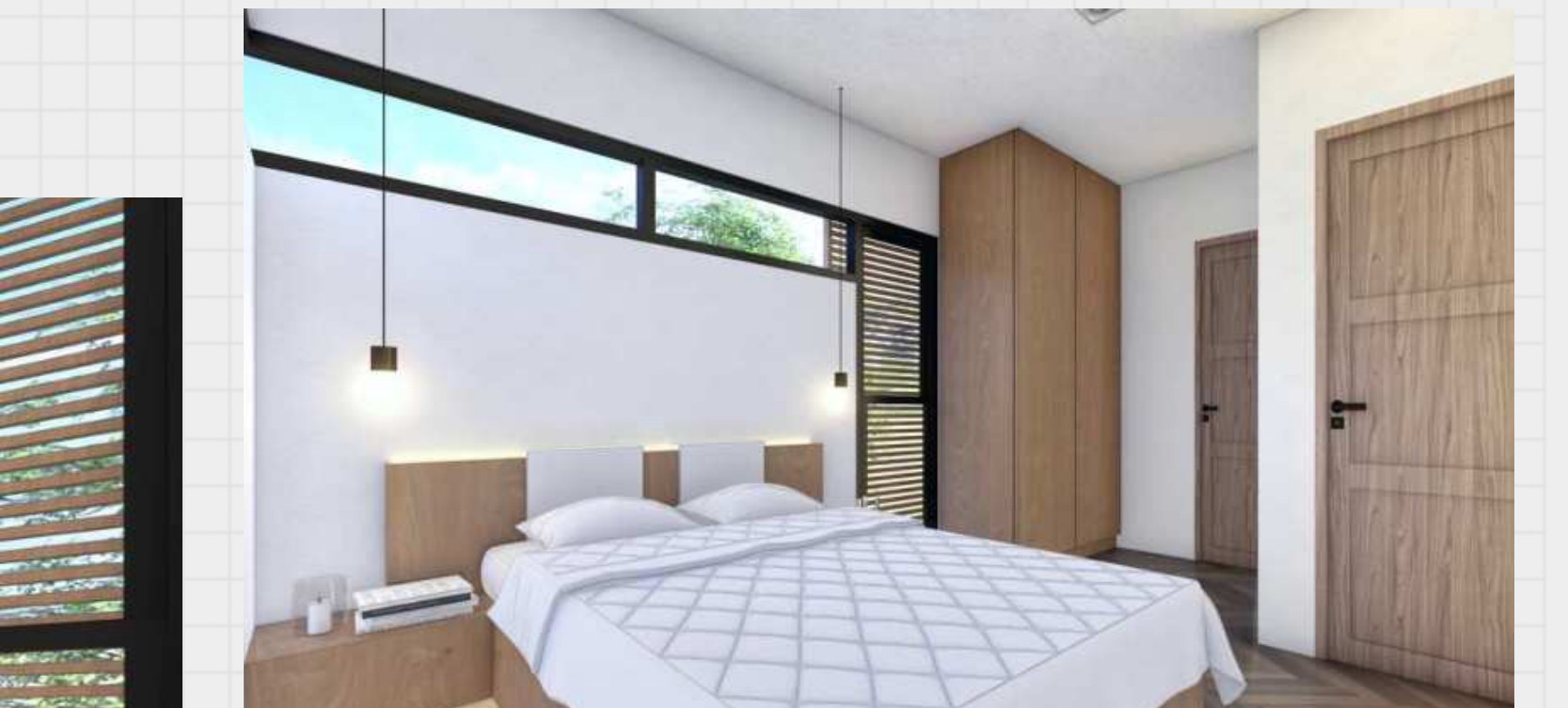Master bedroom with wardrobe and timber headboard