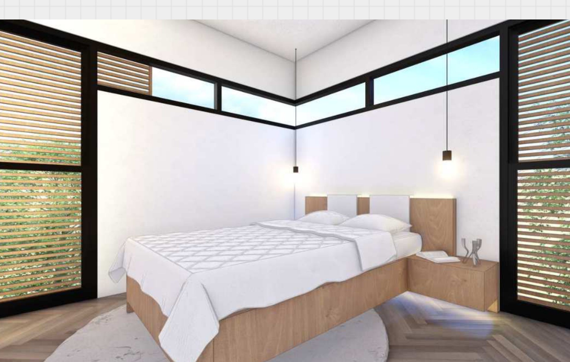 Master bedroom with timber screens and clerestory windows