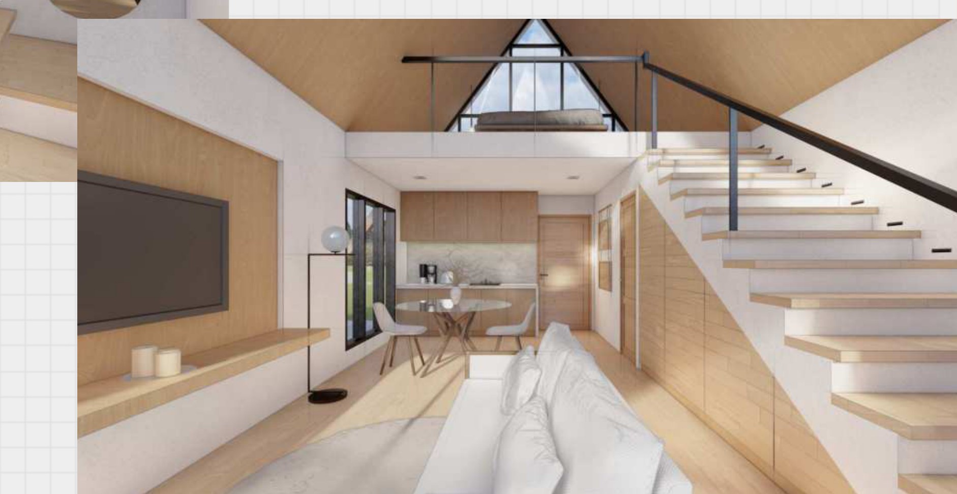 View toward the A-frame peak and loft from the living room