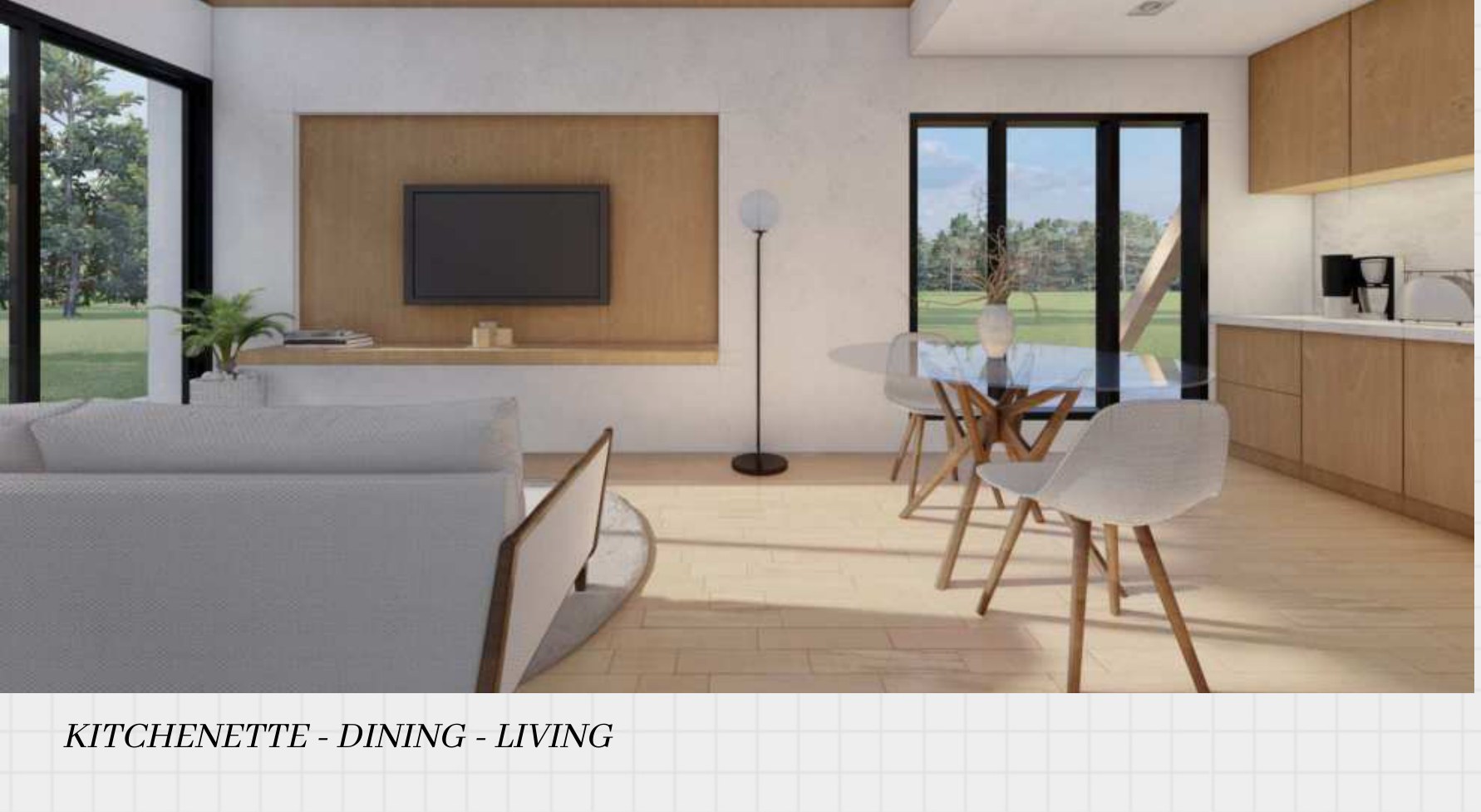Living, dining, and kitchenette with timber cabinetry and large windows