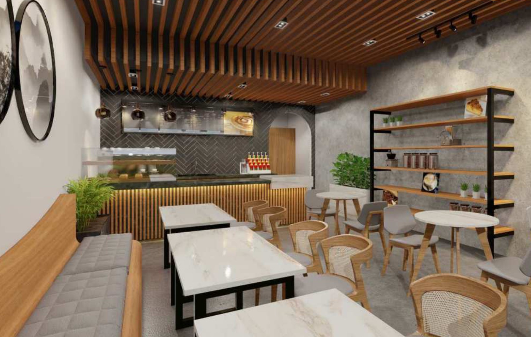 Cafe dining hall with banquette, slatted timber ceiling, and service counter