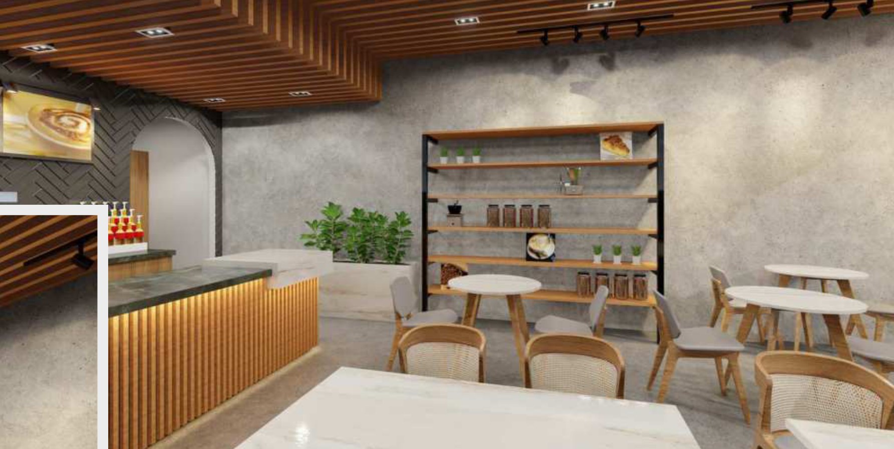 Lounge seating opposite the timber-fronted counter and open shelves