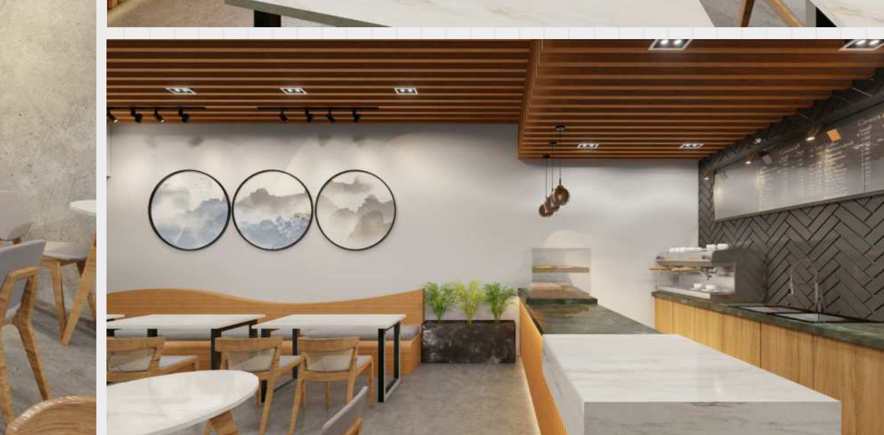 Service side with espresso station, circular landscape prints, and banquette