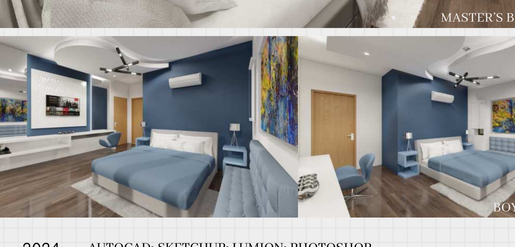 Boy’s bedroom in deep blue with twin beds and colorful art