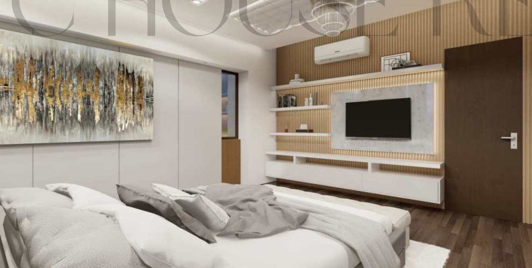 Master bedroom with timber slat media wall and gold-toned artwork