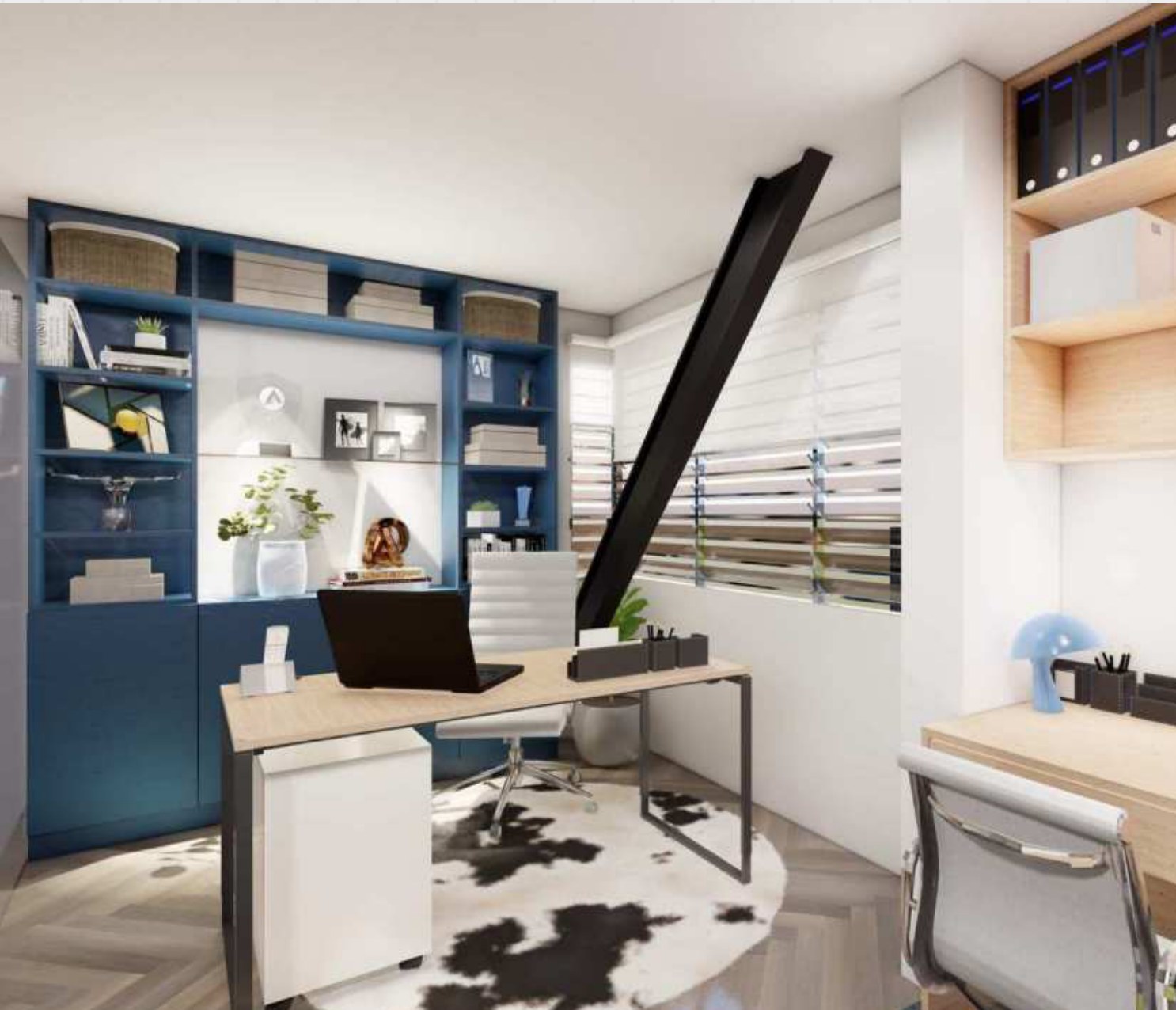 Private desk against a blue millwork wall with a cowhide rug