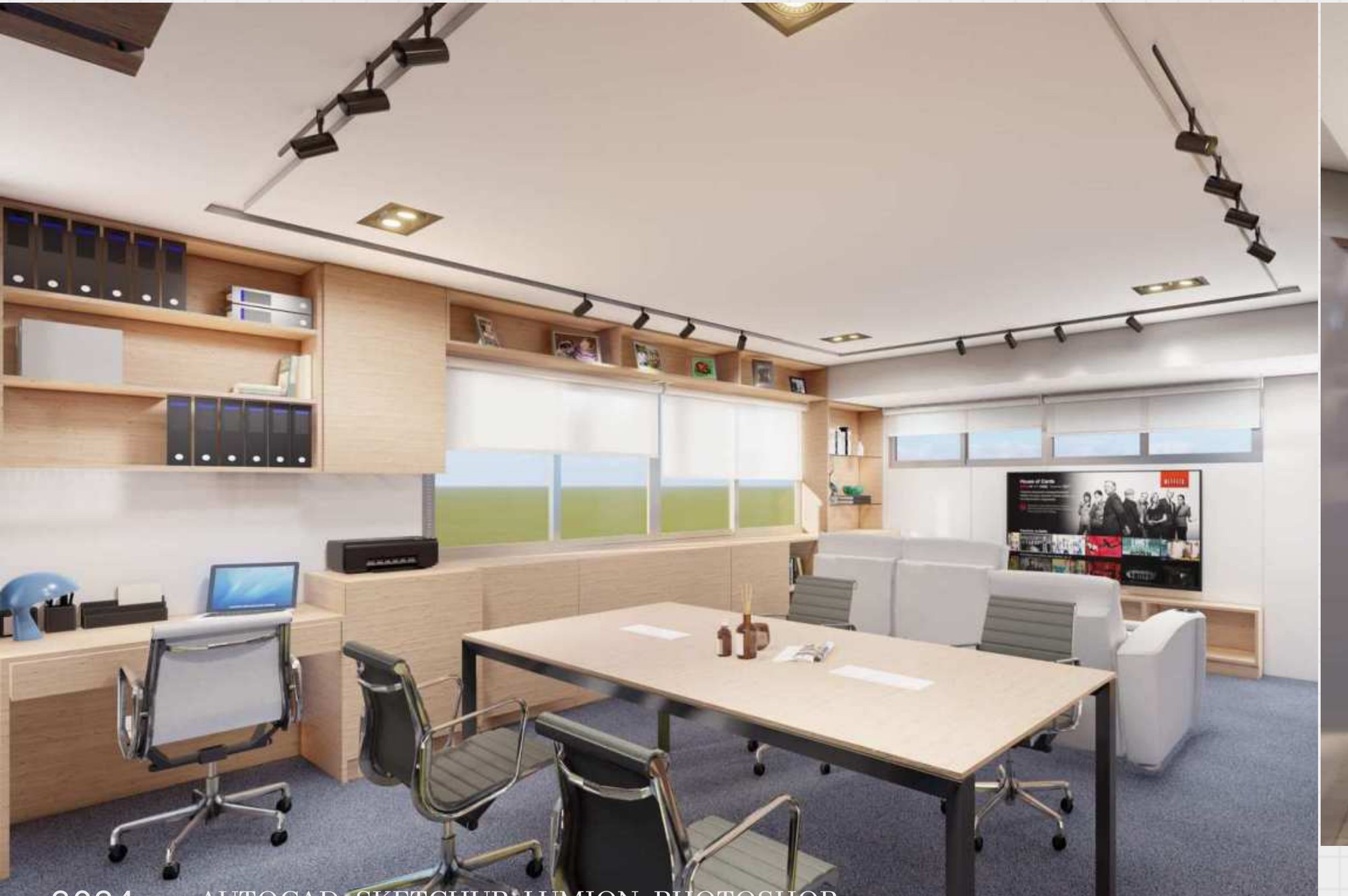Meeting table, perimeter work counters, and a lounge facing a television