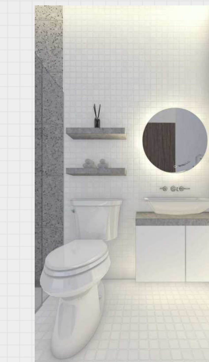 Vanity with round mirror and floating shelves