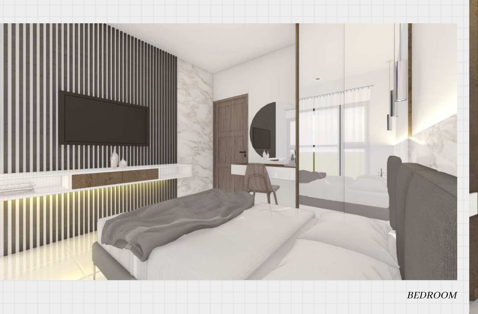 Bedroom with slatted feature wall, vanity, and marble headboard