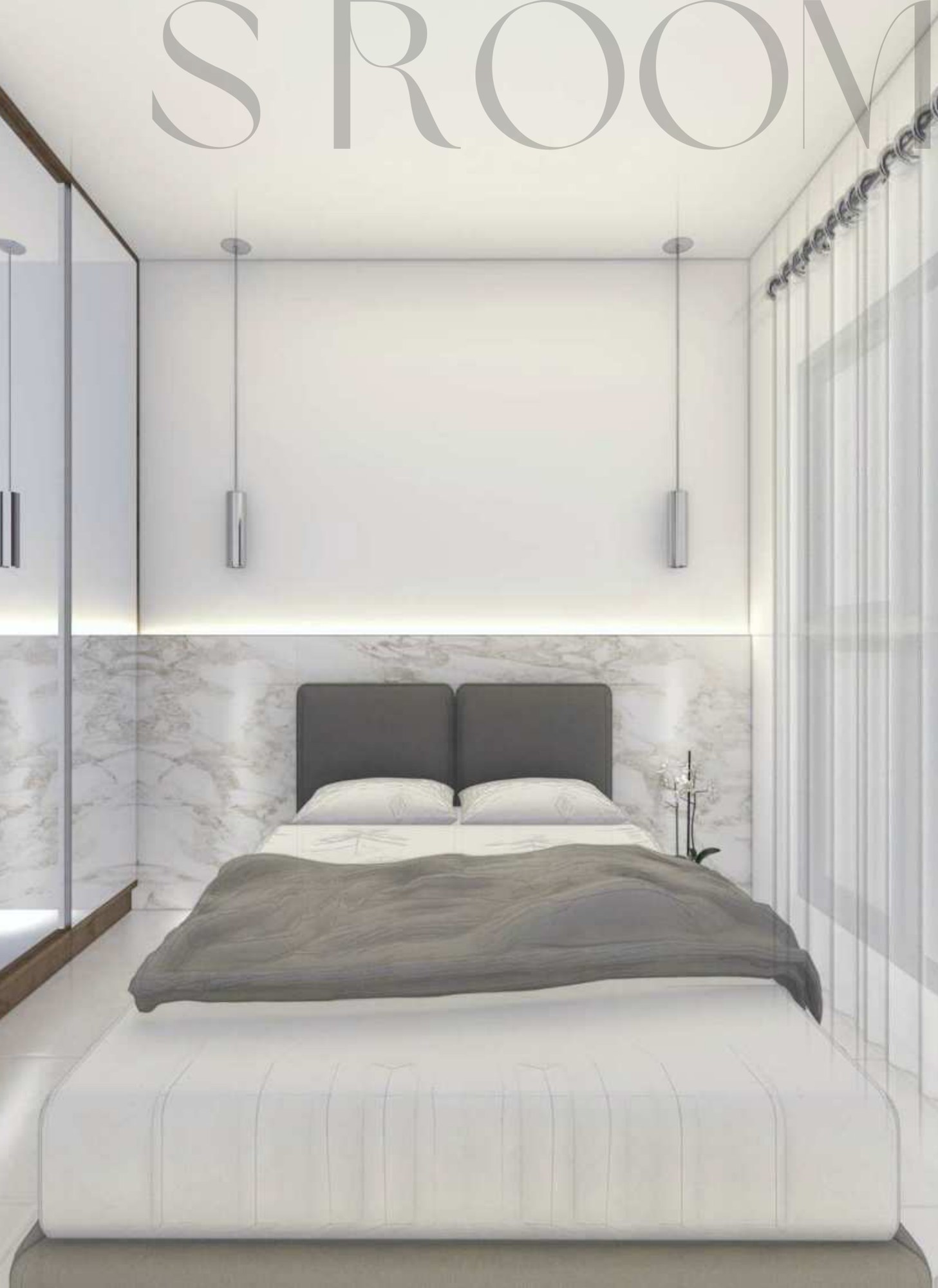 Bedroom looking toward the bed with pendant lights and marble dado