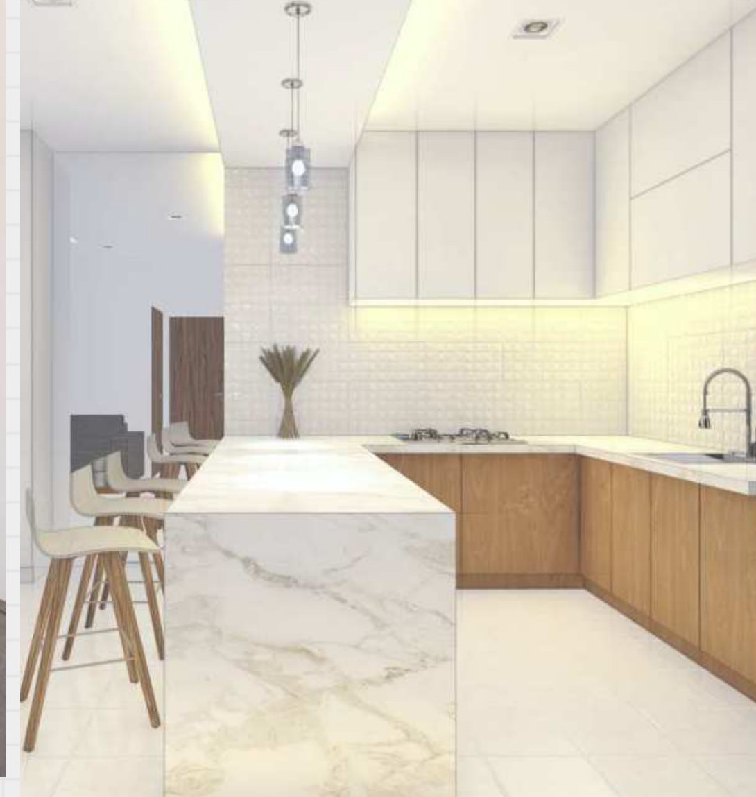 Marble kitchen island with wood base cabinets and breakfast stools