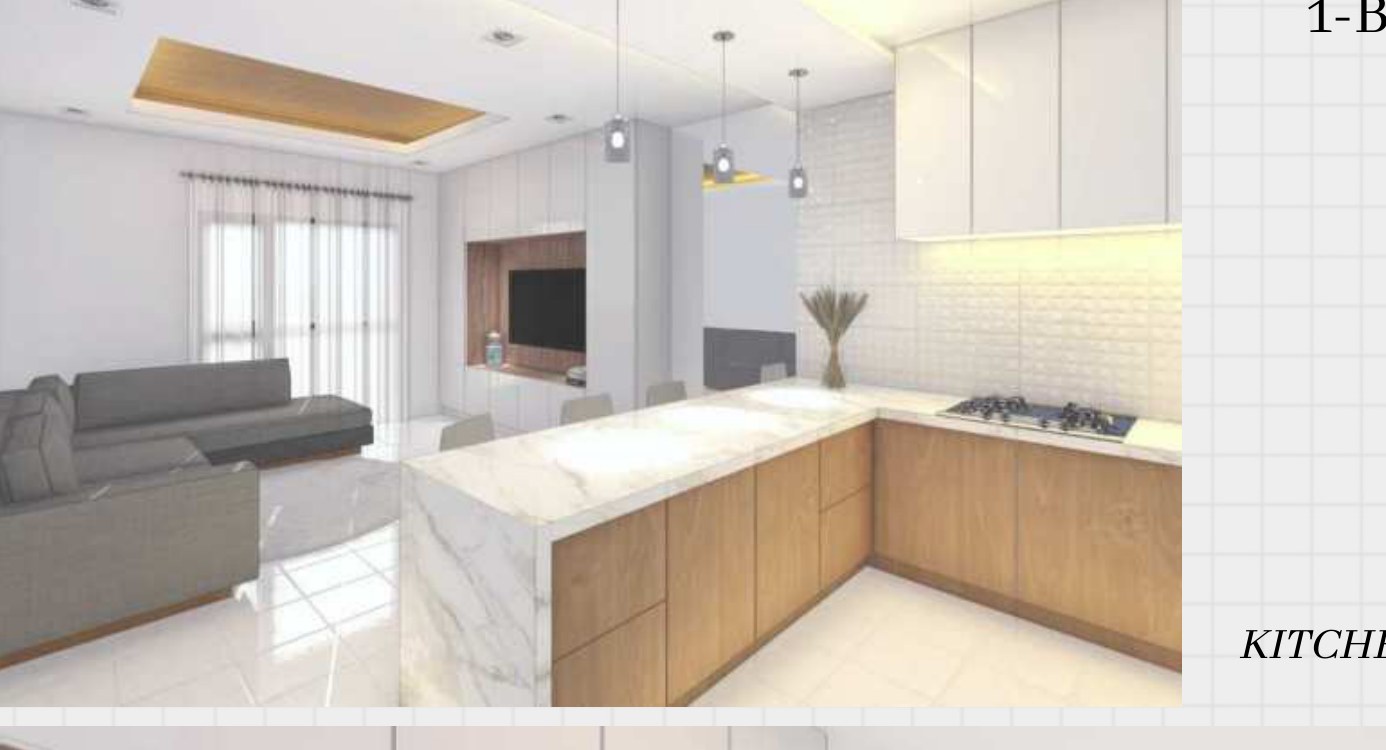 Kitchen island and living room under a tray ceiling